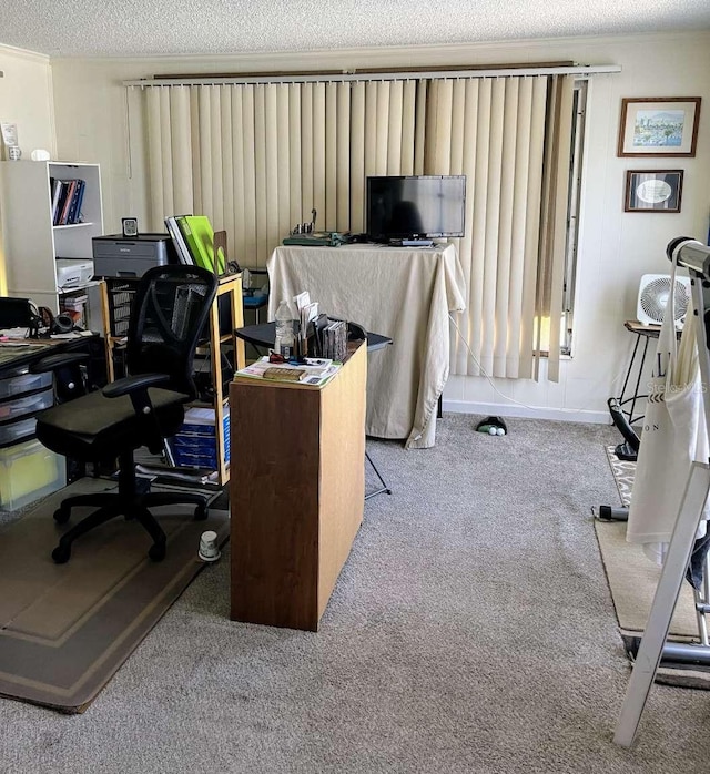 office featuring light carpet and a textured ceiling