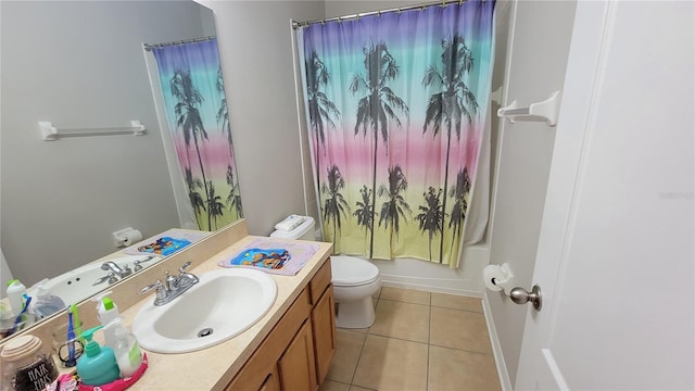 full bathroom featuring shower / tub combo with curtain, vanity, toilet, and tile patterned flooring