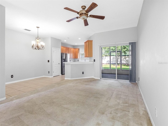 12820 Belvedere Song Way, Riverview, FL 33578 - unfurnished living room featuring a ceiling fan, a chandelier, light colored carpet, recessed lighting, and light tile patterned floors
