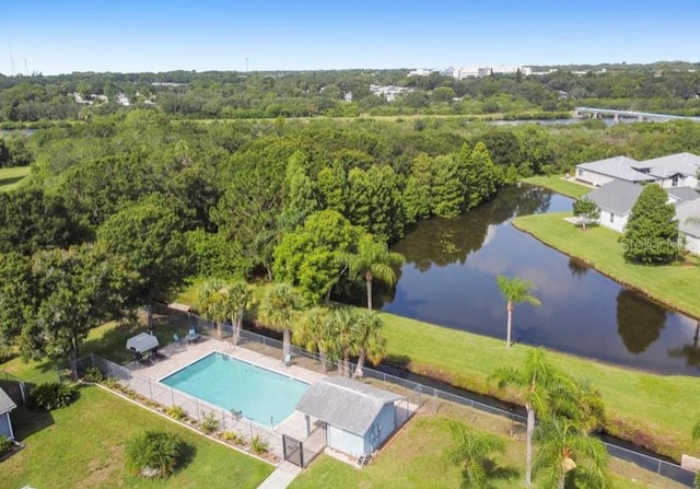 aerial view featuring a water view