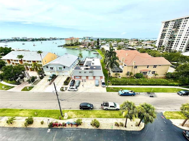 aerial view featuring a water view and a city view