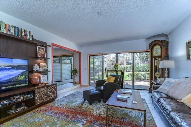 tiled living room with a textured ceiling