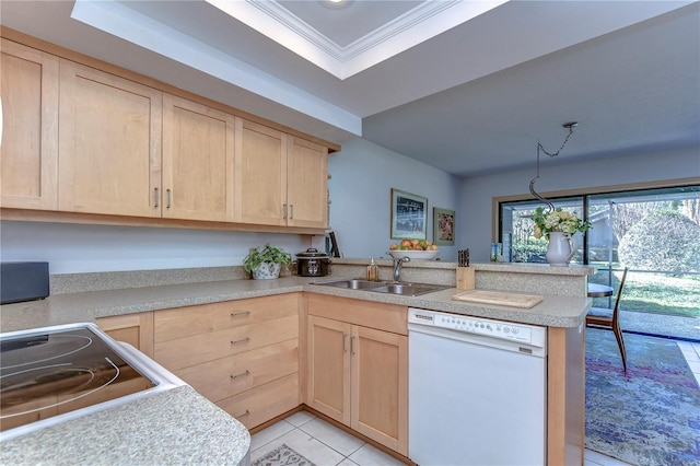 kitchen featuring kitchen peninsula, dishwasher, light brown cabinetry, ornamental molding, and sink