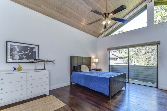 bedroom with wood ceiling, high vaulted ceiling, access to exterior, ceiling fan, and dark hardwood / wood-style floors