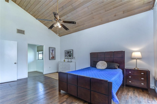 bedroom with ceiling fan, wood ceiling, and dark hardwood / wood-style flooring