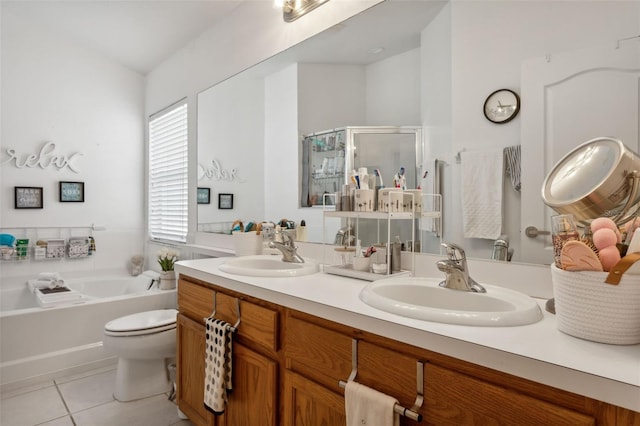 full bathroom featuring vanity, plus walk in shower, toilet, and tile patterned floors