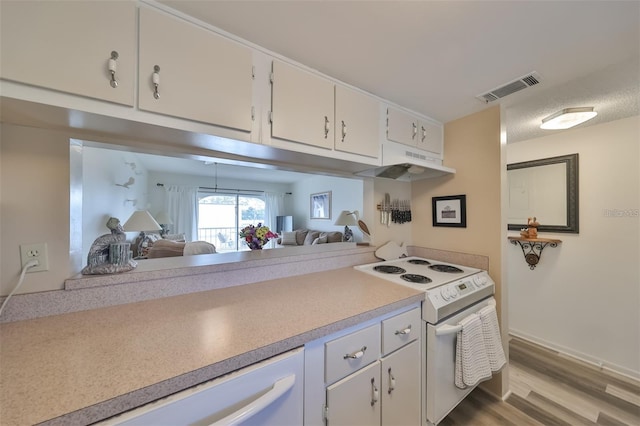 kitchen with light hardwood / wood-style floors, white cabinetry, and white range with electric stovetop