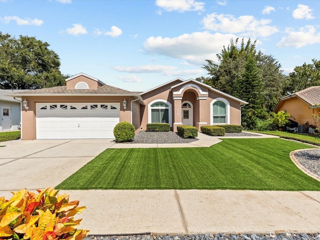 ranch-style house with a front lawn and a garage