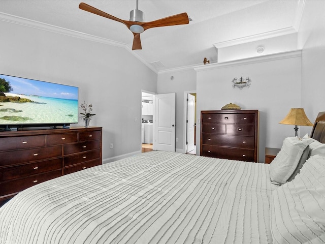 bedroom with ceiling fan, ornamental molding, and vaulted ceiling