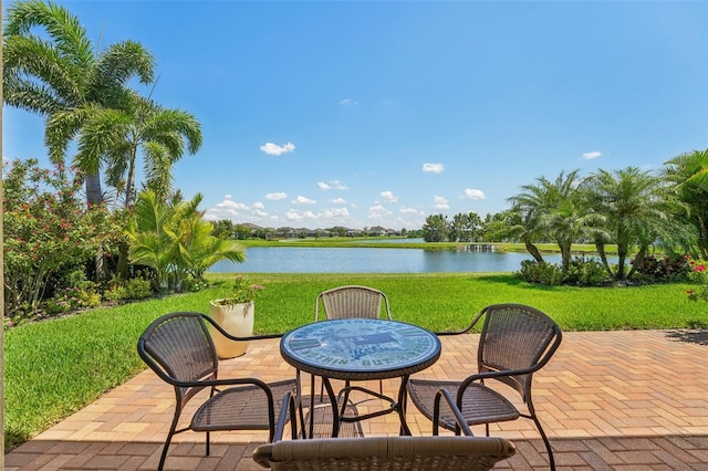 view of patio / terrace with a water view