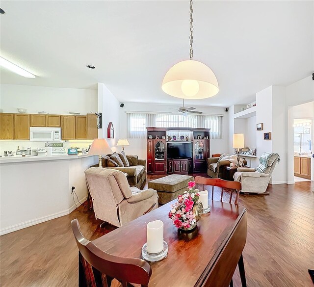 dining area featuring ceiling fan and hardwood / wood-style flooring