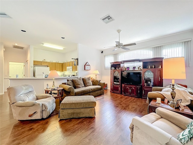 living room with ceiling fan and hardwood / wood-style floors