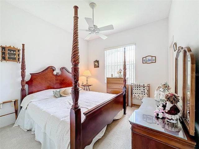 bedroom featuring ceiling fan and light colored carpet