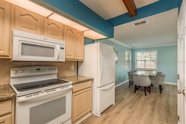 kitchen featuring light hardwood / wood-style flooring, light brown cabinetry, white appliances, and decorative backsplash