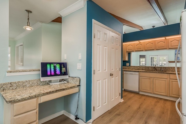 kitchen with light hardwood / wood-style flooring, white dishwasher, built in desk, ornamental molding, and decorative light fixtures