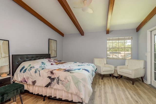 bedroom featuring lofted ceiling with beams, ceiling fan, and light hardwood / wood-style floors