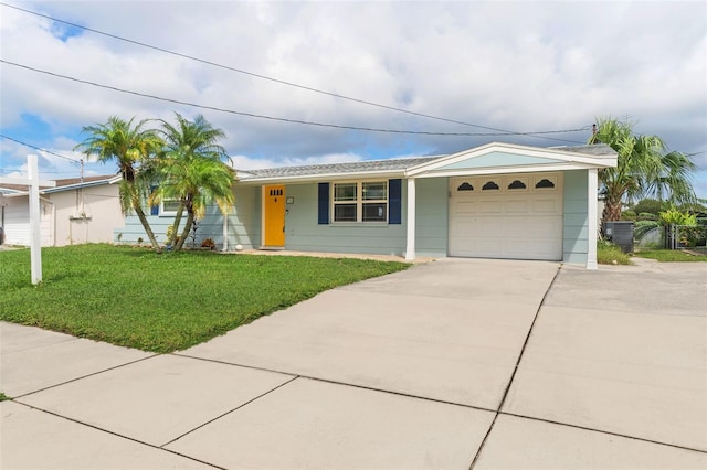 single story home featuring cooling unit, a front lawn, and a garage