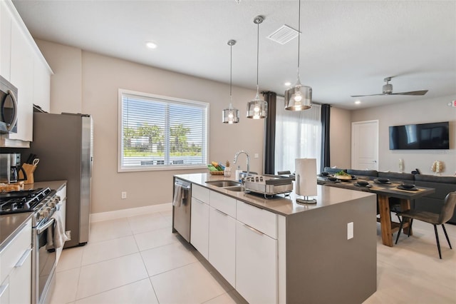 kitchen featuring a kitchen island with sink, sink, stainless steel appliances, and white cabinets