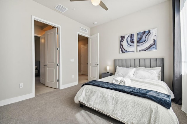 carpeted bedroom with ceiling fan