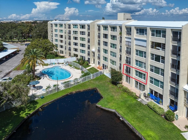 drone / aerial view featuring a water view