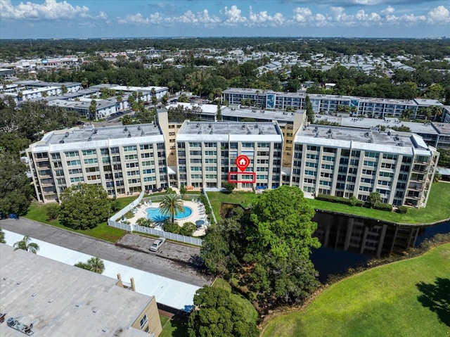 drone / aerial view with a water view