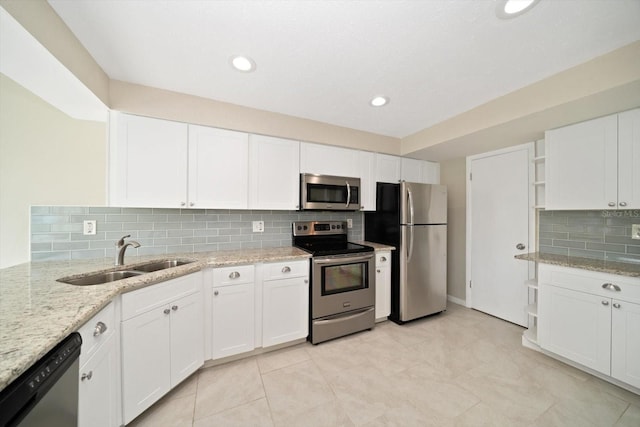 kitchen with decorative backsplash, white cabinetry, sink, and stainless steel appliances