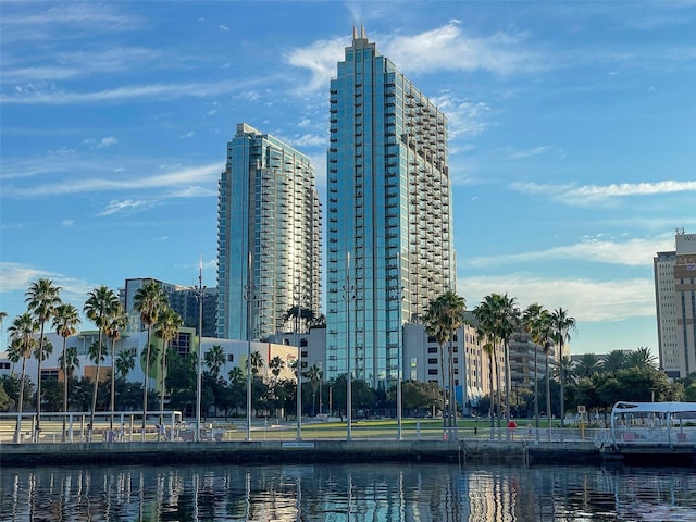 view of building exterior with a water view