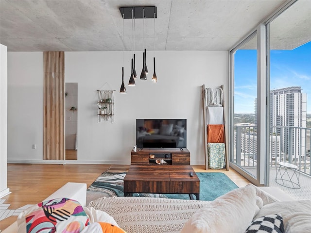 living room featuring light hardwood / wood-style flooring and floor to ceiling windows