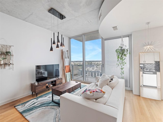 living room with light hardwood / wood-style floors and floor to ceiling windows