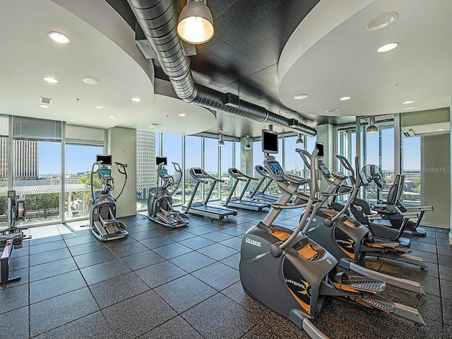 exercise room with floor to ceiling windows and a healthy amount of sunlight