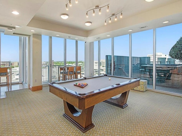 playroom with light carpet, plenty of natural light, and billiards