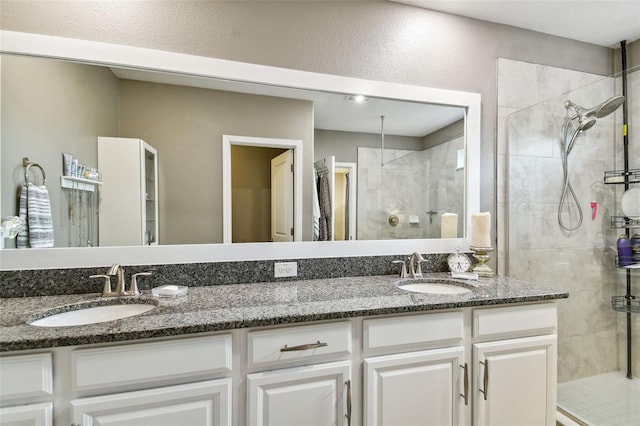 10012 Corso Milano Dr, Tampa, FL 33625 - bathroom with double vanity, a sink, a textured wall, and a shower stall