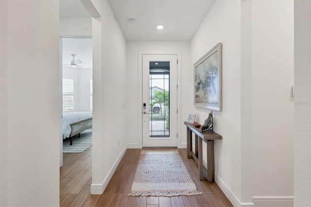 entryway with hardwood / wood-style flooring