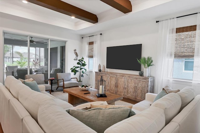 living room with ceiling fan, a wealth of natural light, beamed ceiling, and wood-type flooring