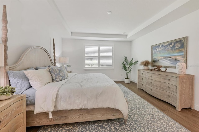 bedroom with hardwood / wood-style floors and a tray ceiling