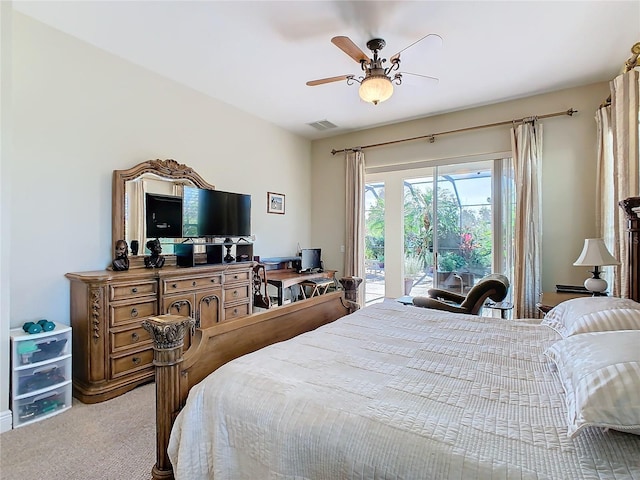 bedroom with light carpet, access to outside, and ceiling fan