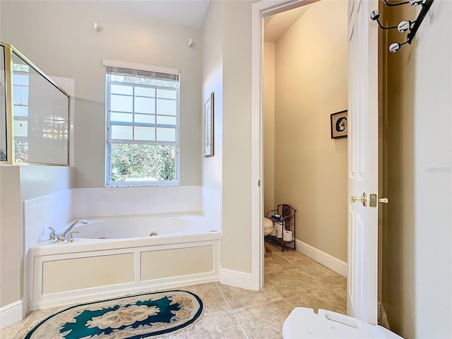 bathroom with shower with separate bathtub, toilet, and tile patterned floors