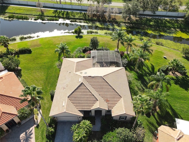 aerial view featuring a water view