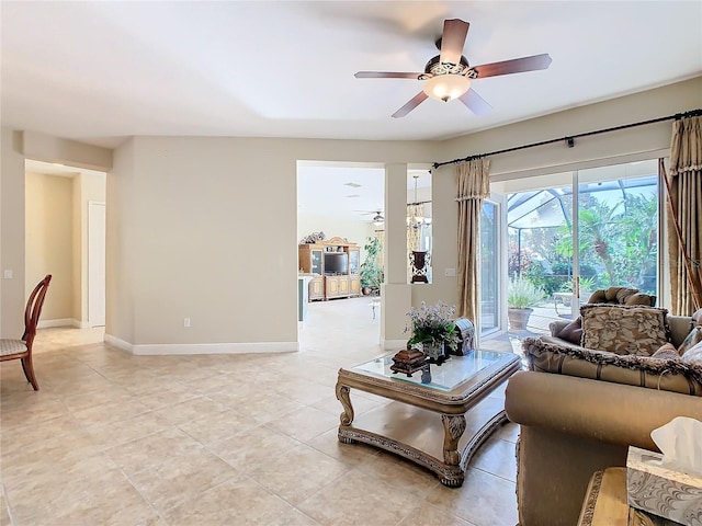 living room with ceiling fan