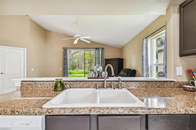 kitchen featuring vaulted ceiling, ceiling fan, a healthy amount of sunlight, and sink