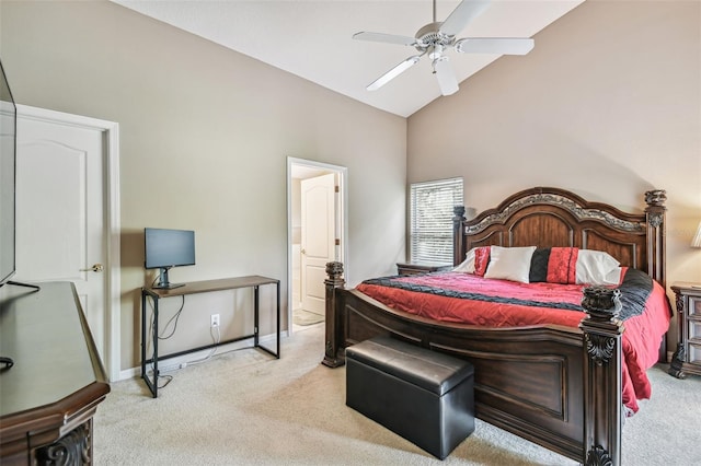 bedroom featuring light carpet, ceiling fan, and high vaulted ceiling