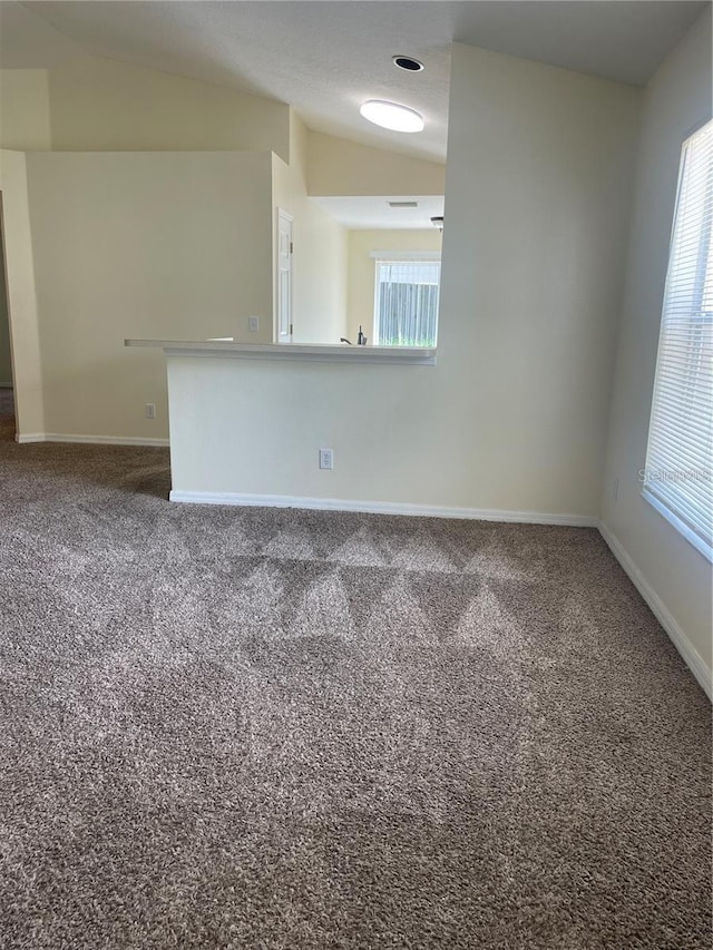 carpeted empty room with a healthy amount of sunlight and vaulted ceiling