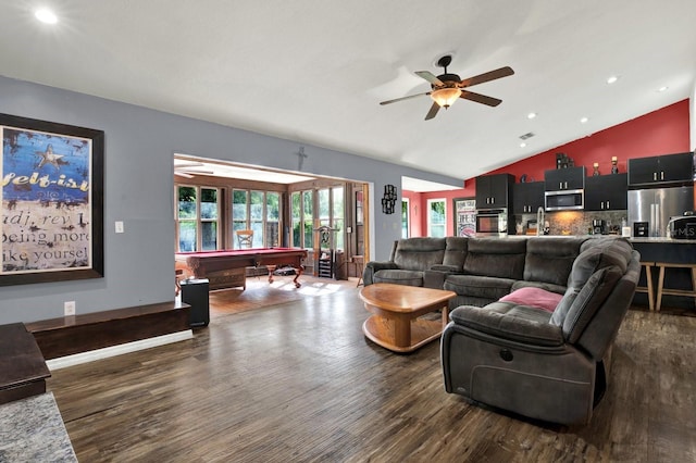 living room featuring ceiling fan, sink, dark wood-type flooring, billiards, and lofted ceiling