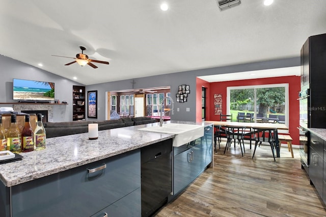 kitchen featuring dark hardwood / wood-style floors, sink, a healthy amount of sunlight, and vaulted ceiling