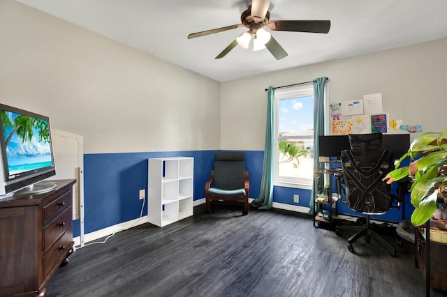 office space featuring ceiling fan and dark wood-type flooring