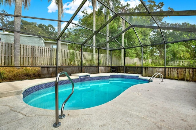 view of swimming pool with a lanai and a patio