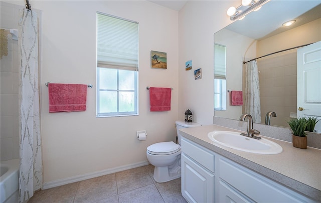 full bathroom with toilet, vanity, tile patterned flooring, and shower / bath combo with shower curtain