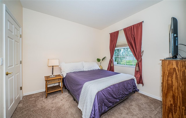 bedroom featuring light carpet