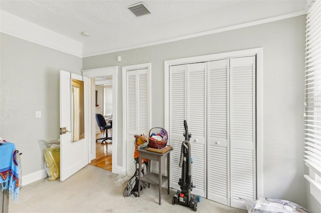 interior space with a textured ceiling, light colored carpet, and crown molding