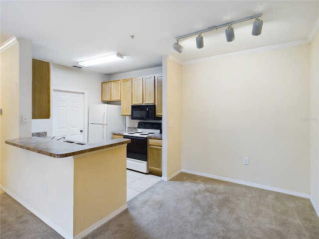 kitchen featuring light carpet, light brown cabinetry, kitchen peninsula, ornamental molding, and white appliances